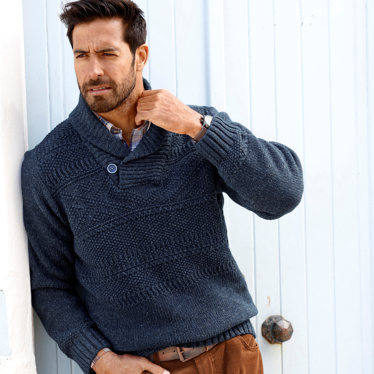 Pullover Strick Männer Mode Große Größen Plus Size Fashion Schalkragen mit Knopf